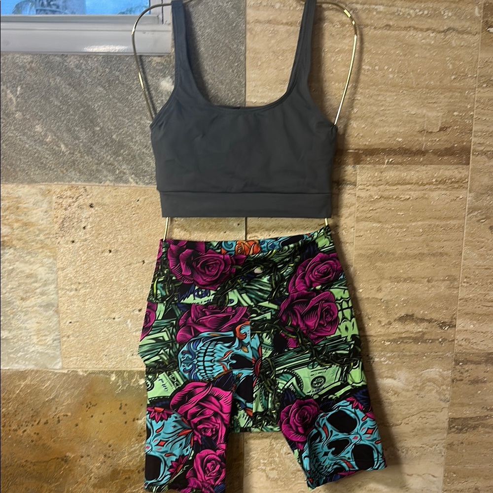 Floral Skull Print Women's Shorts with grey sports bra